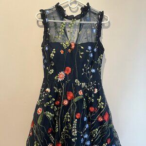 Navy blue, floral overlay cocktail dress
